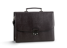 Business bag in dark brown of natural leather, crocodile effect